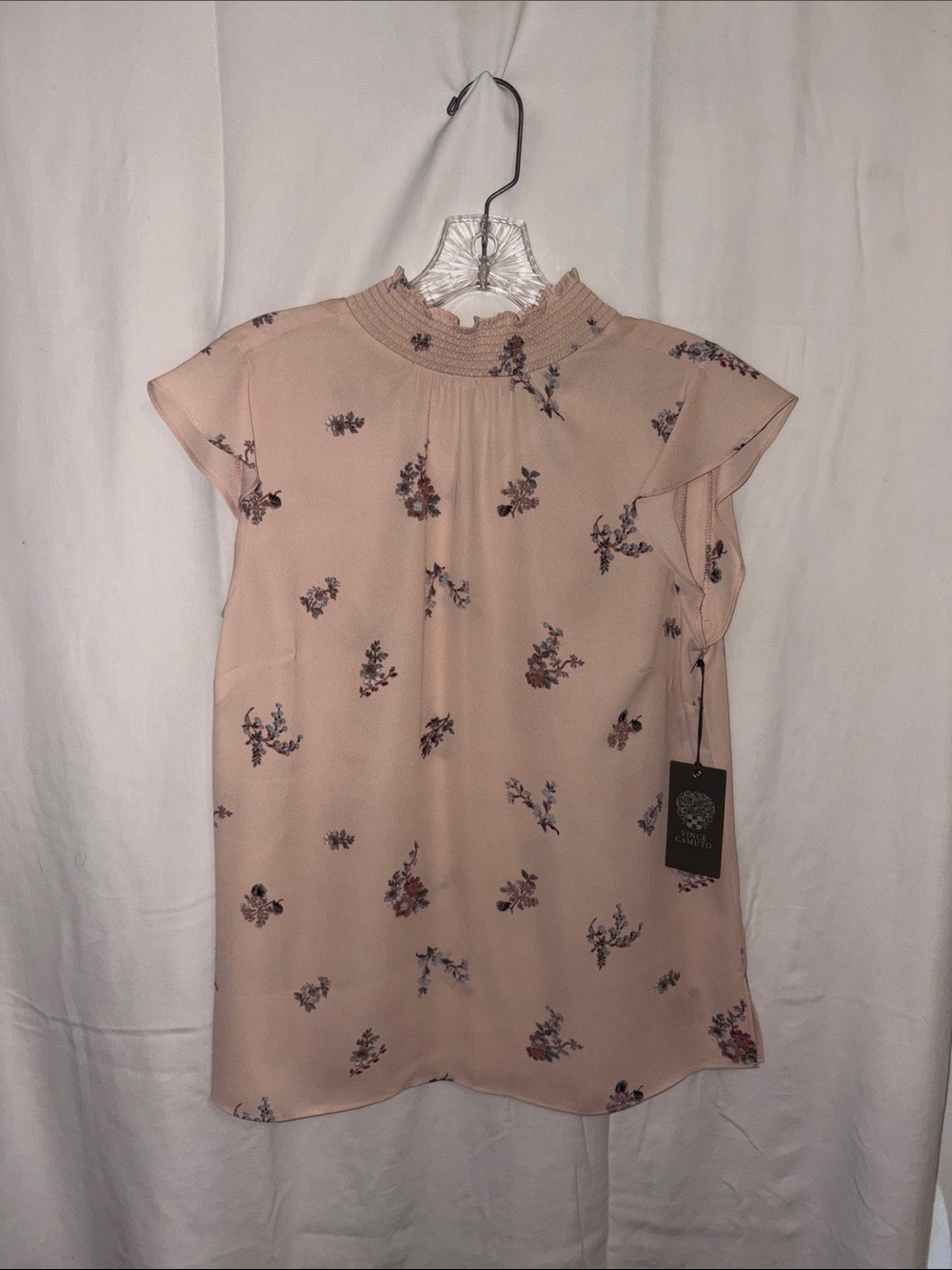 Vince Camuto Smocked Mock Neck Flutter Sleeve Women's Top in Blush Floral